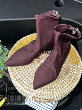 Zara Burgundy Pointed Toe Sock Ankle Boots